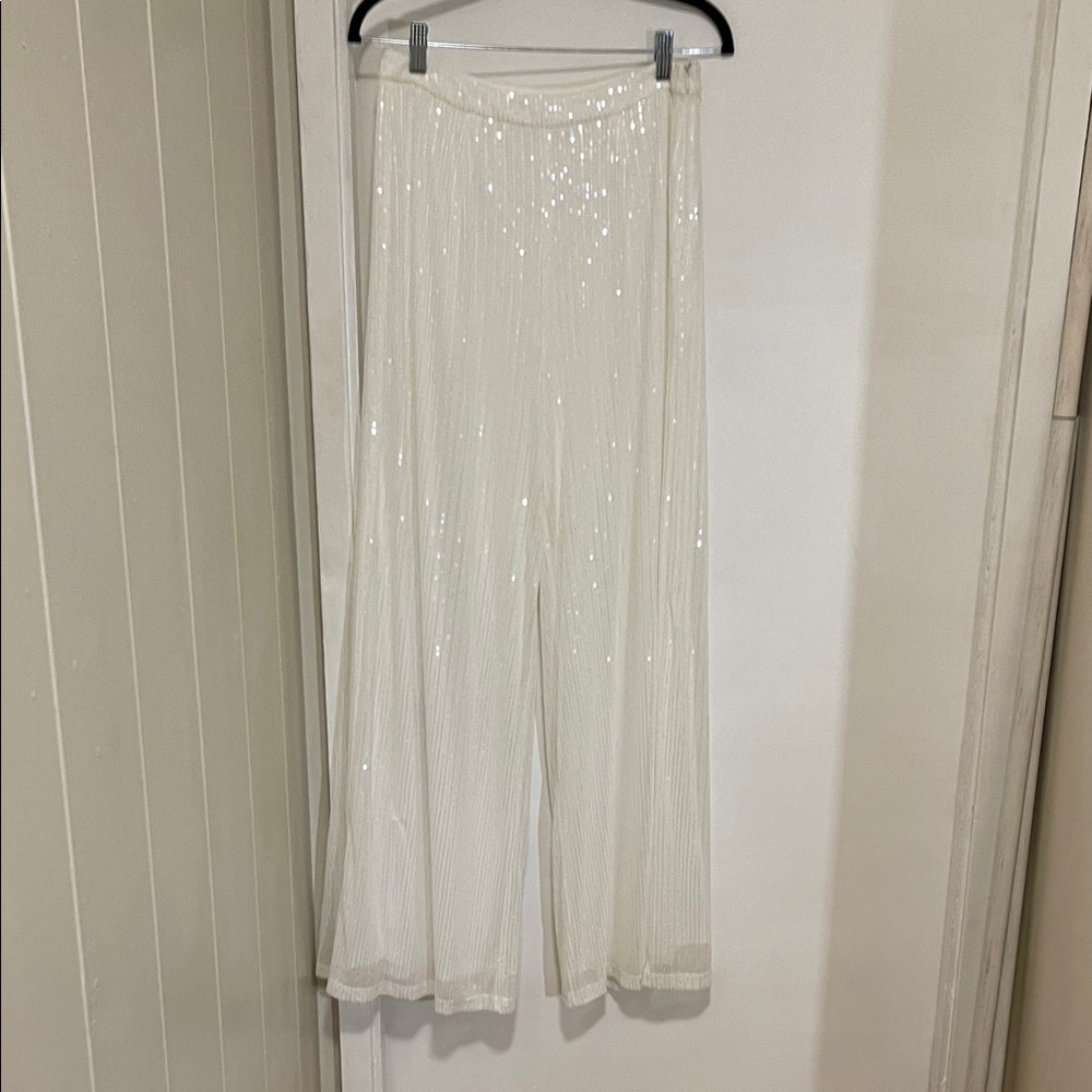 12th Tribe White Sequin Wide Leg Pants - Picture 2 of 6